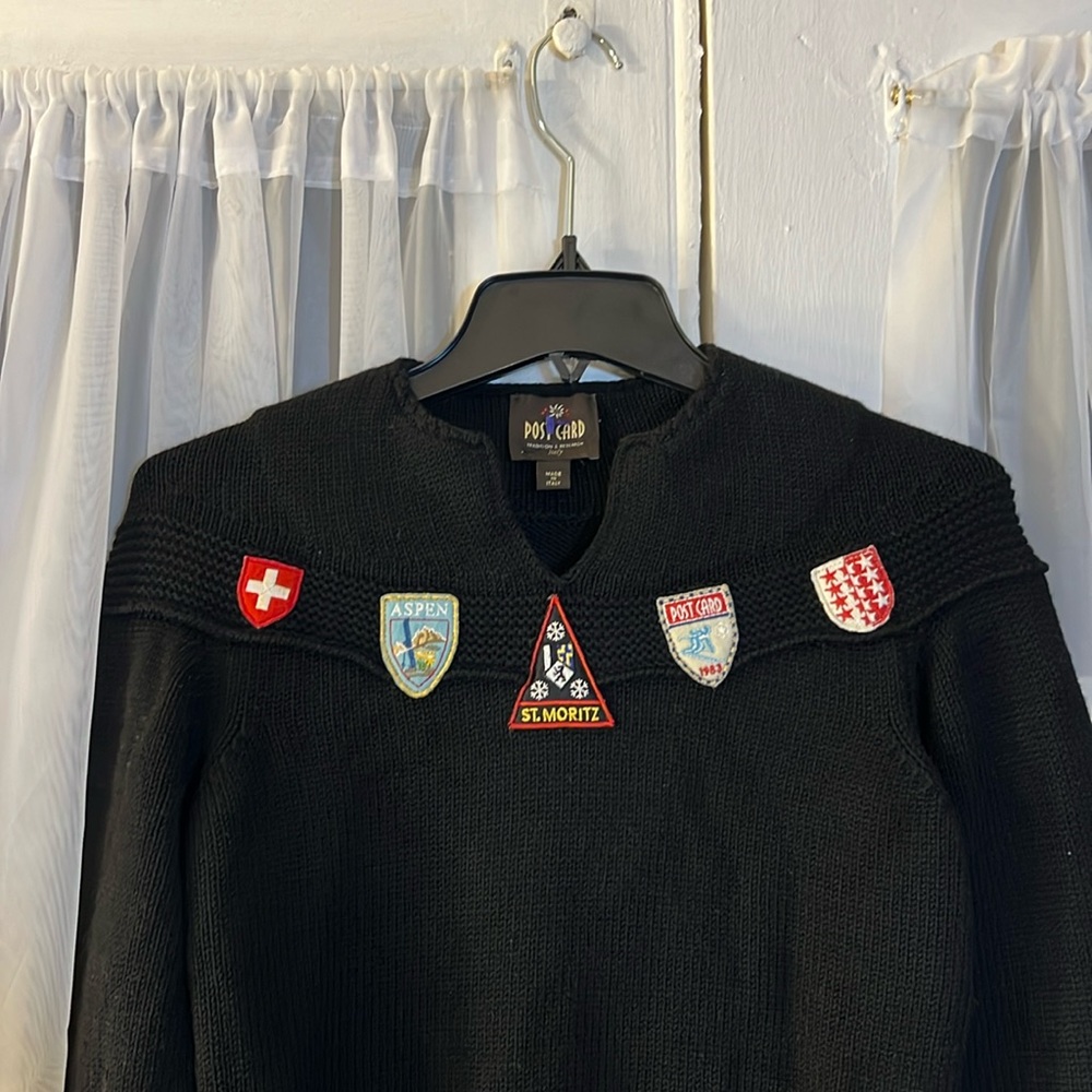 Postcard Ski Patch Merino Wool Sweater Women’s Size Small Black